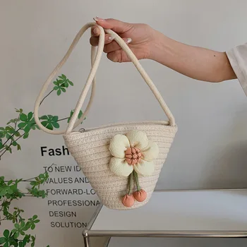 Нова памучен конец тъкани мини кофа Чанти лятна мода цвете на едното рамо чанта дамски почивки торба слама 2