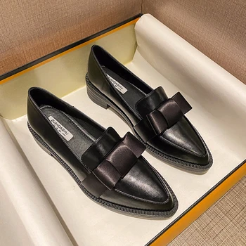 Нови Дамски обувки-лодки на ниски обувки с Квадратни пръсти На ниски Обувки, Дамски обувки-лодка с Лък масивна токчета в стил ретро 1