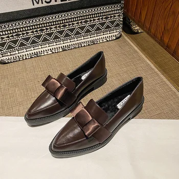 Нови Дамски обувки-лодки на ниски обувки с Квадратни пръсти На ниски Обувки, Дамски обувки-лодка с Лък масивна токчета в стил ретро 5