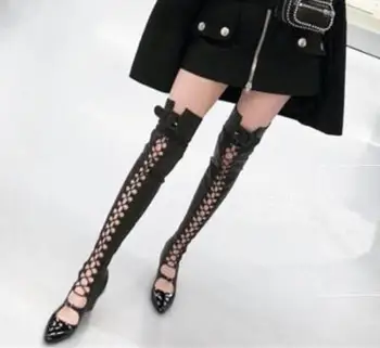 Нови дамски сандали над коляното, модни дамски дълги ботуши с остри пръсти, дантела, лоскутные обувки с катарама