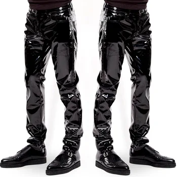 Нови Мъжки Ластични Панталони От Изкуствена Кожа, PVC, Мотоциклетни Черни Прилепнали Панталони За Денс Парти, Байкерские Кожени Панталони За Мъжете