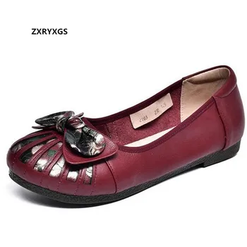 Новост 2021 г.; Висококачествени дамски обувки на плоска подметка от мека телешка кожа с лък и принтом; Нескользящая удобни обувки подметка; Модни обувки голям размер