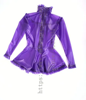 Новост, латексово рокля Zentai, женски латексово мини рокля с волани, украшенное цип отзад лилав цвят