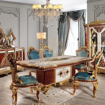 Обичай европейските дълги маси и столове от масивна дървесина с богата дърворезба от златно фолио Ресторант френския двор в стил барок