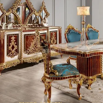 Обичай европейските дълги маси и столове от масивна дървесина с богата дърворезба от златно фолио Ресторант френския двор в стил барок 2