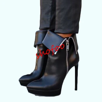 Обувки SHOFOO, Красиви стилни дамски обувки, черни от изкуствена кожа, водонепропусклива 2,5 см, ботуши на висок ток 12,5 см, ботуши до средата на прасците.РАЗМЕР: 34-45