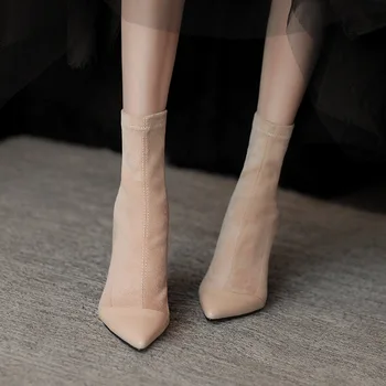 Обувки с еластични чорапи в стил ретро, дамски есенни и зимни Нови Модни тънки ботуши с цип с остри пръсти, зашити дамски обувки на висок ток 2
