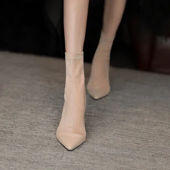 Обувки с еластични чорапи в стил ретро, дамски есенни и зимни Нови Модни тънки ботуши с цип с остри пръсти, зашити дамски обувки на висок ток 3
