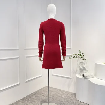Оригинален Дизайн 2022 Зимни Дамски Елегантен Висококачествено Червено С Дълъг Ръкав Черен Пуловер С Лък Мини Селма Вязаное Рокля 1