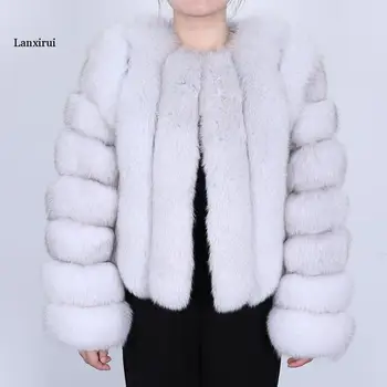 палто от изкуствена кожа, дамско топло модно палто от естествена кожа лисица, яке с дълъг ръкав, кожени палта,