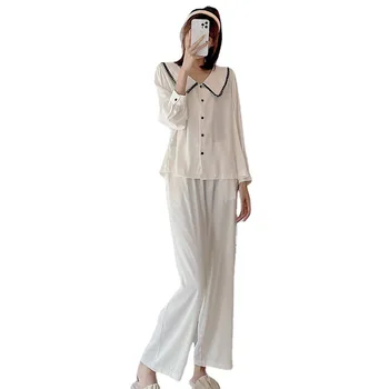 Пижами Yomrzl S049 дамски скъпа имитация на коприна с дълги ръкави, завързана комплект за домашно облекло от две части