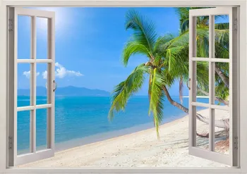 Плажната стикер на стената 3D прозореца, тропически плаж, кокосова палма, стикер на стената за домашен интериор, цветни бреговата стена арт за дома
