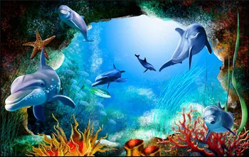 Потребителски 3D Фото Тапети Декорации За Стени Океан Морското Дъно на Пещерата Карикатура Делфин Стенни Рисувани Детски Тапети Декор на Детска Стая 2