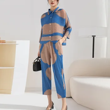 Пролет 2023, нова дамска къса блуза с квадратни деколтета и гърди с принтом + прави панталони с висока талия Анна fold short T