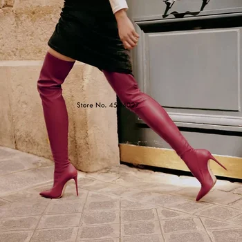 Пролетно-есенни нови модни вино-червени ботуши над коляното на висок ток, стрейчевые дамски Дълги ботуши на висок ток с остър пръсти