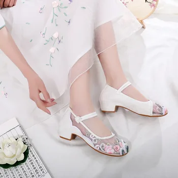 Реколта газови лоскутные дамски памучни обувки-лодка с бродерия, летни прозрачни мрежести обувки в стил мозайка, Елегантни дамски обувки на ток 4 cm, Удобни 4