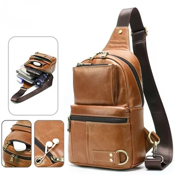 Ретро градинска чанта през рамо, нагрудная чанта с голям капацитет, кожена мъжка чанта през рамо с дупка за слушалки, мъжки модерна чанта 8800