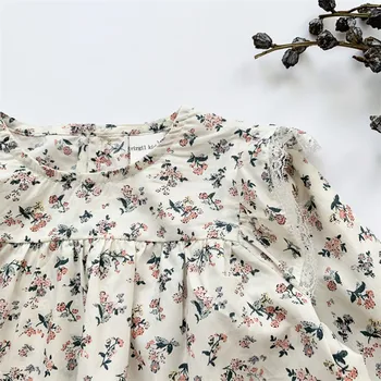 Риза с цветен модел за момичета, дрехи, Пролет-есен, кръгла яка, детска блуза с дълги ръкави и набори, дантелени блузи за бебета, бебешки пуловери 2