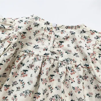 Риза с цветен модел за момичета, дрехи, Пролет-есен, кръгла яка, детска блуза с дълги ръкави и набори, дантелени блузи за бебета, бебешки пуловери 4