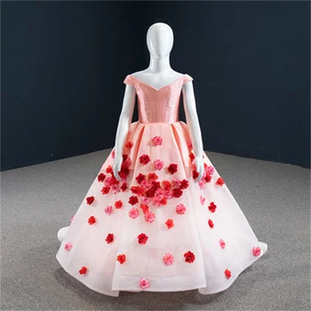 Розови рокли с цветя модел за момичета На Сватба, Трапециевидные рокля с открити рамене, тюлевые Дълги рокли За момичета, Елегантни рокли За малки деца, детски