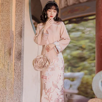 Рокли + Дъждобран Костюм от две части Hanfu Женски Китайското Традиционната Рокля Eleganti Винтажное Vestido Chino Mujer Есен Зима Qipao 3