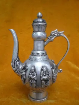 рядко антична сребърна кана династия Цин \ чайник, резба 8 феи, с етикет, безплатна доставка