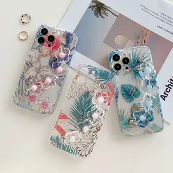 С Цветни Флорални Каишка На Китката Прозрачен Калъф За мобилен Телефон с Покритие Покритие Дзп За iPhone 13 Pro Max Plus 14