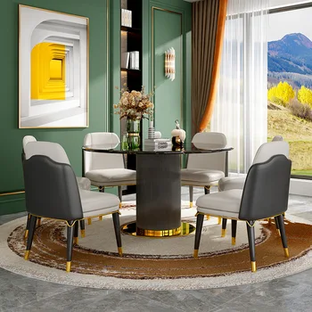 Светъл луксозна мраморна маса за хранене и столове комбинация от самото начало на кръгла маса за хранене и масата за хранене