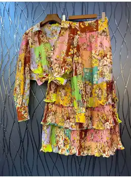 Съкратен Комплекти 2022, Пролетно-летни Модни Комплекти от 2 теми, Висококачествени Дамски Блузи с Отложным яка и Дълги Ръкави + Дълги Поли Макси