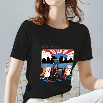 Тениска за Жени, Дрехи, Дишащи Летни Блузи в стил харадзюку с Къс Ръкав, Черна, Удобна Мода Тениска с Японски Принтом