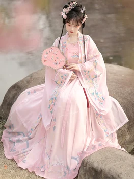 Ханьфу Рокля Древен Китайски Традиционен Костюм Розова Бродерия Пола С Голям Ръкав на Династията Сун Фея Cosplay Рокля за Жените