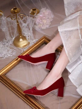 Червените Булчински Обувки На Дебелите Обувки, Китайски Дрехи, Обувки За Булката, Дамски Обувки 2022 година, Нови Сватбени Обувки За Бременни, Велур Тънки Обувки 3