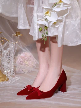 Червените Булчински Обувки На Дебелите Обувки, Китайски Дрехи, Обувки За Булката, Дамски Обувки 2022 година, Нови Сватбени Обувки За Бременни, Велур Тънки Обувки 4
