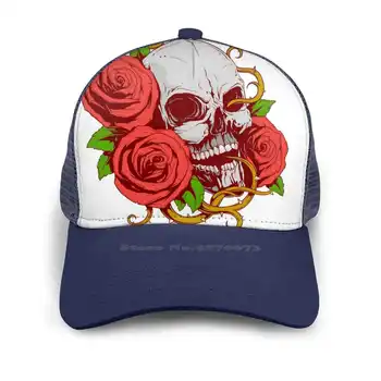 Череп с рози на Черепа и цвете Череп и червени рози, хип-хоп Мода шапка Спортна с извити окото шапка Череп с рози на Черепа и 3