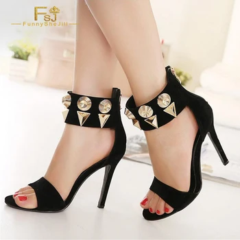 Черни Велурени Големи Шипове на обувки на висок ток с отворени Пръсти и сандали Lady ' S Large Size 15 16
