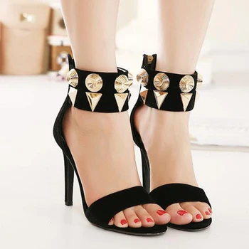 Черни Велурени Големи Шипове на обувки на висок ток с отворени Пръсти и сандали Lady ' S Large Size 15 16 1