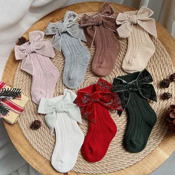 Чорапи за новородени момичета, есенно-зимни Къси Чорапи за деца с Лък, Меки топли терлици за малки Момичета, 0-12 месеца