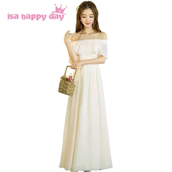 шифоновое рокля на шаферка цвят шампанско, винтажное евтина рокля на шаферка с открити рамене, без ръкави, стилове и сватба H4172