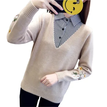 Яката на ризата фалшив пуловер от две части, пуловер, дамски долна риза, корейски пуловер с бродерия и ревери, дамски пуловер